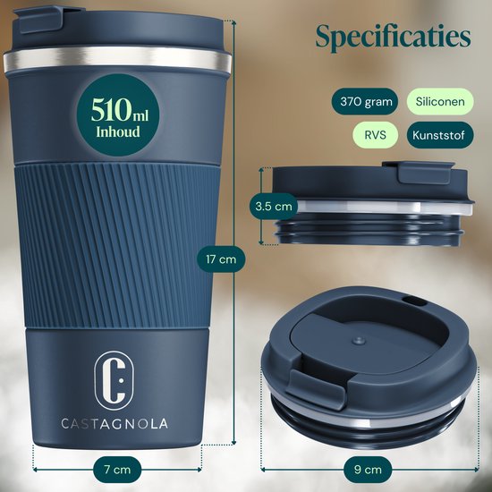 Castagnola Thermosbecher – Kaffeebecher zum Mitnehmen – Reisebecher für Kaffee und Tee – Teebecher – 510 ml – Edelstahl – Dunkelblau