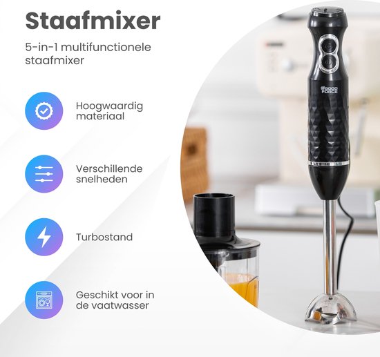 GoodForce - Edelstahl Stabmixer - 6 in 1 Stabmixer Set mit Zerkleinerer - Smoothie Maker - Schneebesen - Quirl - 600 ml Mixbecher