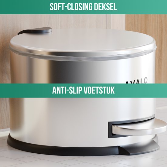 Avalo Tret-Abfalleimer 30L - Edelstahl Silber - Soft Close - Tret-Abfalleimer 30 Liter - Mülleimer 30 Liter
