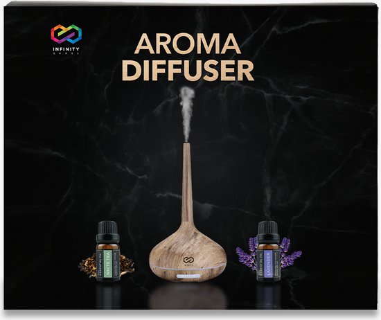 Infinity Goods Aroma Diffuser Inkl. 2x 10ml reines ätherisches Öl - Luftbefeuchter - Verdampfer - 10 LED Farben - Aromatherapie - Duftdiffusor - Holz Braun