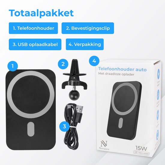 Nuvance Telefonhalter Auto - Geeignet für MagSafe iPhone 12/13/14/15/16 - Telefonhalter - Kabelloses Ladegerät - Handy-Halter Auto