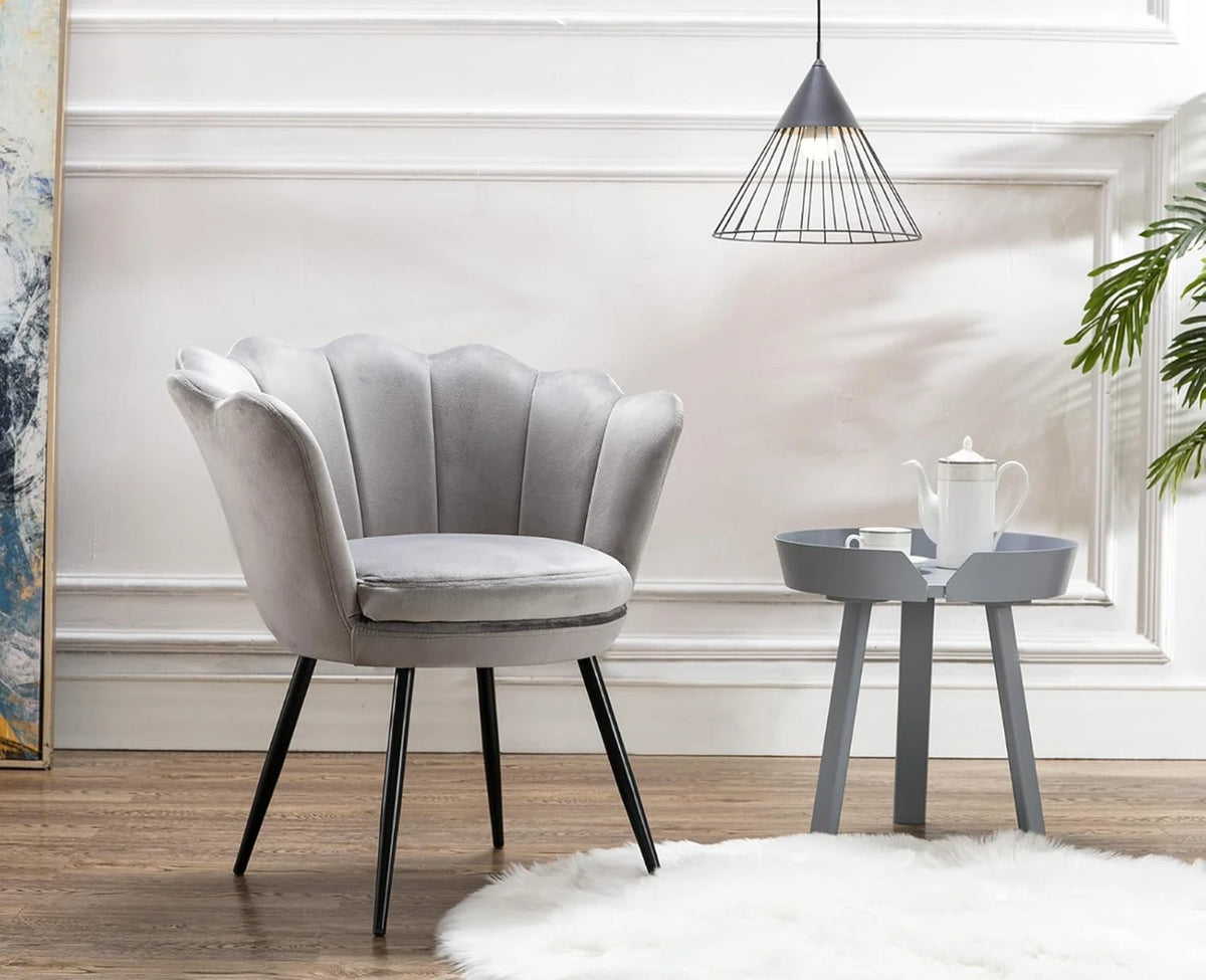 Ya-Home Sessel – Rückenlehne in Blumenform – Graues Wildleder – 70 x 60 x 76 cm
