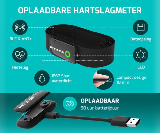 FITAGE - Herzfrequenz-Messgerät HRM-DUAL - Messband mit Bluetooth und ANT+ Sensor - Wiederaufladbare Batterie - Schwarz