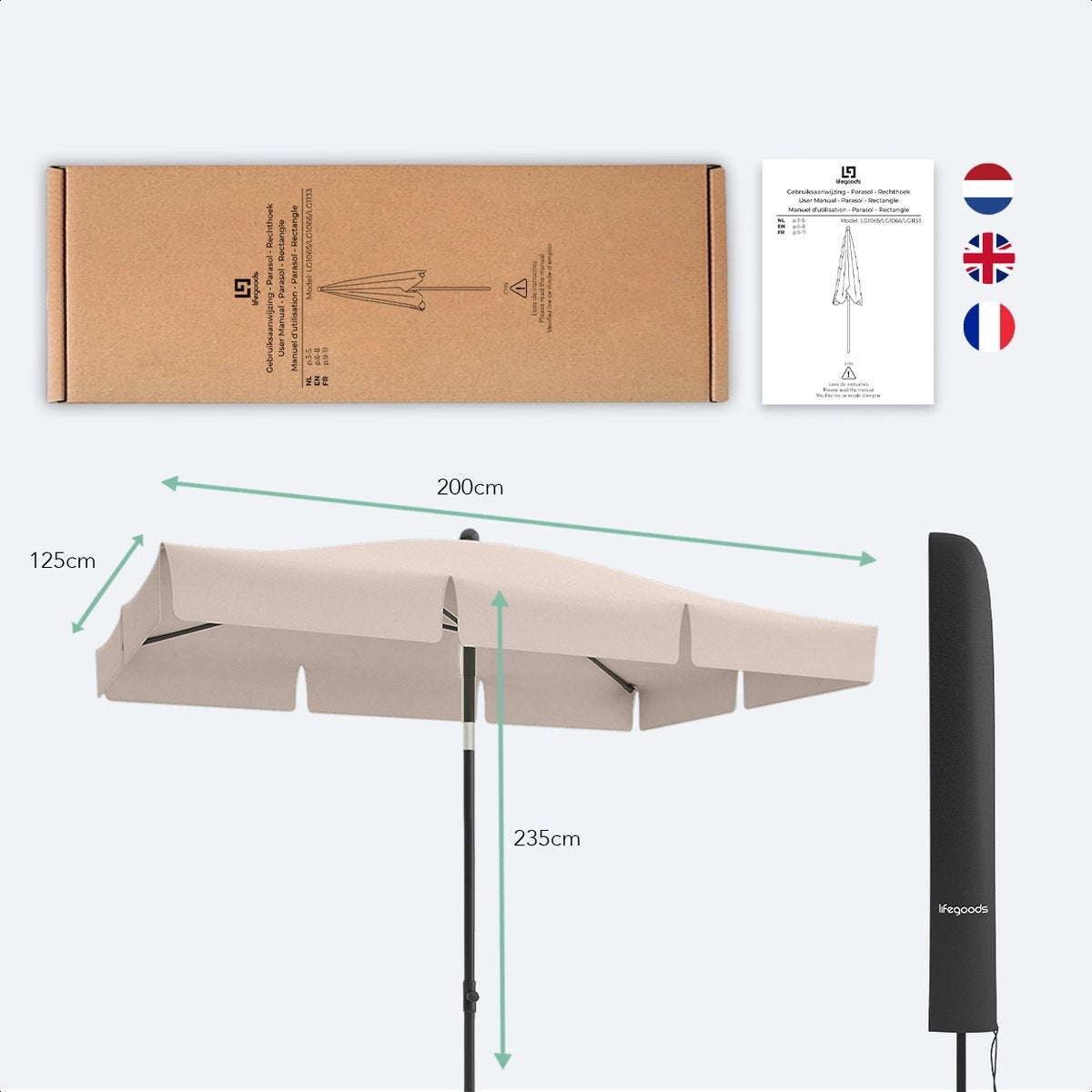 LifeGoods Sonnenschirm - 200x125cm - 30° neigbar - Wasserdicht - Mit Bezug - Taupe
