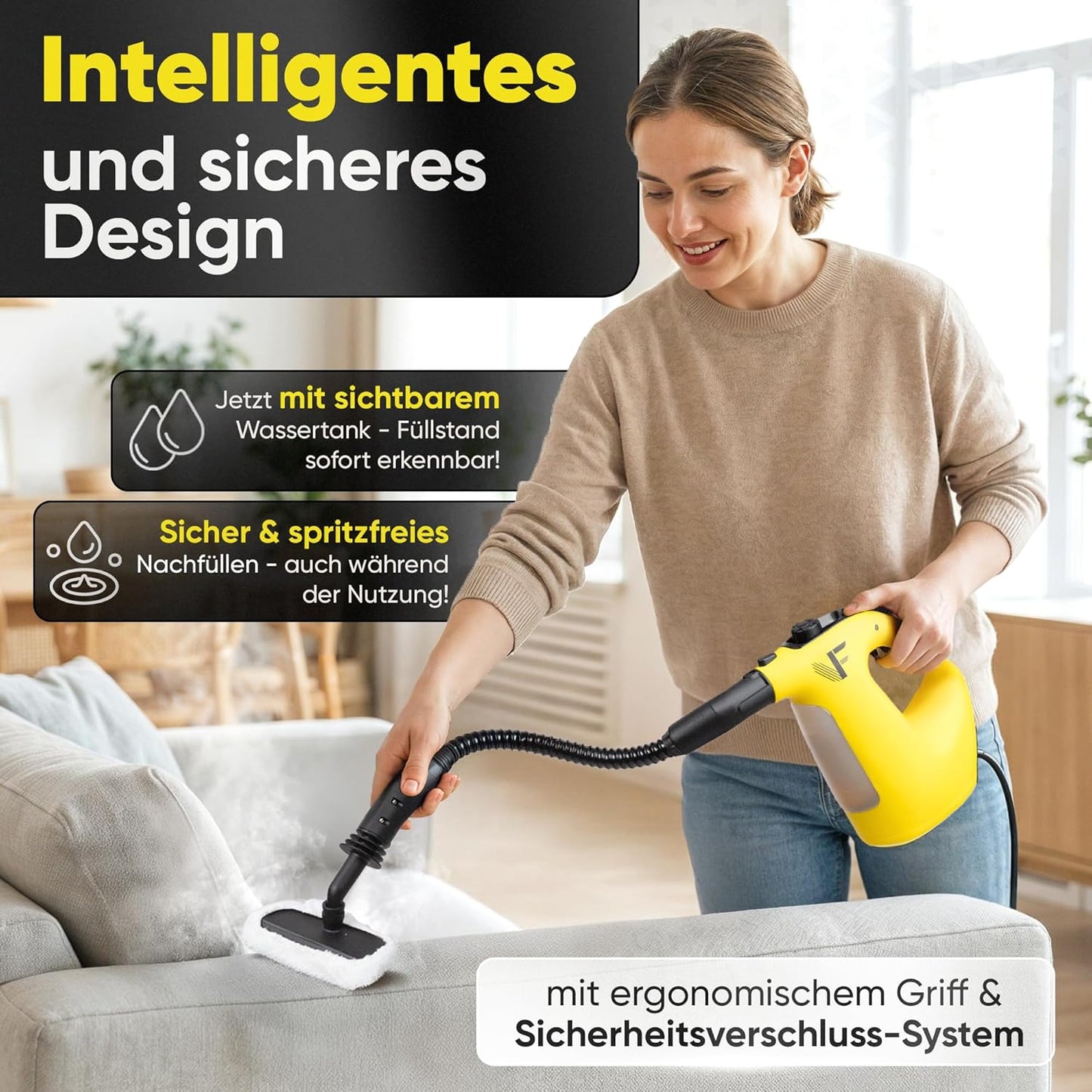 Neighbour's Friend 2-in-1 Dampfreiniger mit Wischfunktion 120 cm - 1500 W - 450 ml - 4 m Kabel - Gelb