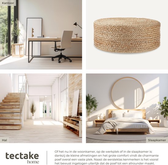 tectake Handmade Footstool Banno Elipse - Runder Jute-Sitzhocker im Boho-Stil - Bequemer Fußhocker mit strapazierfähiger Polsterung - Ø 58 x 22 cm - Max. 150 kg