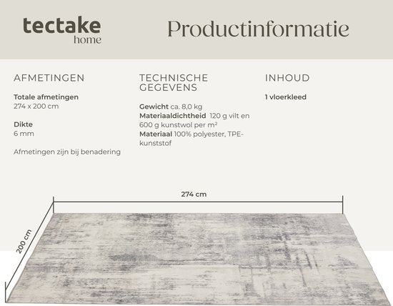 tectake Teppich im Vintage-Design - Niederflorteppich für Wohnzimmer, Kinderzimmer, Schlafzimmer oder Flur - Waschbar - Div. Größe - 200x274cm - beige/grau