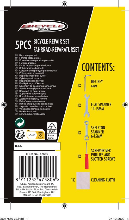 Bicycle Gear Fahrrad-Reparaturset 5-tlg. - Fahrradwerkzeug - Schraubendreher, Skelettschlüssel, Inbusschlüssel, Schraubenschlüssel und Reinigungstuch - Silber