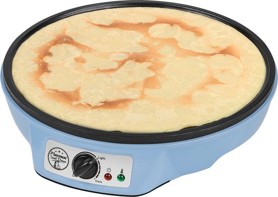 Bestron Pfannkuchenmaschine – ASW602B – 1000 W – Crêpes-Maschine – 30 cm – Blau – Inkl. Holzstapel und Teigverteiler – 5 Jahre Garantie