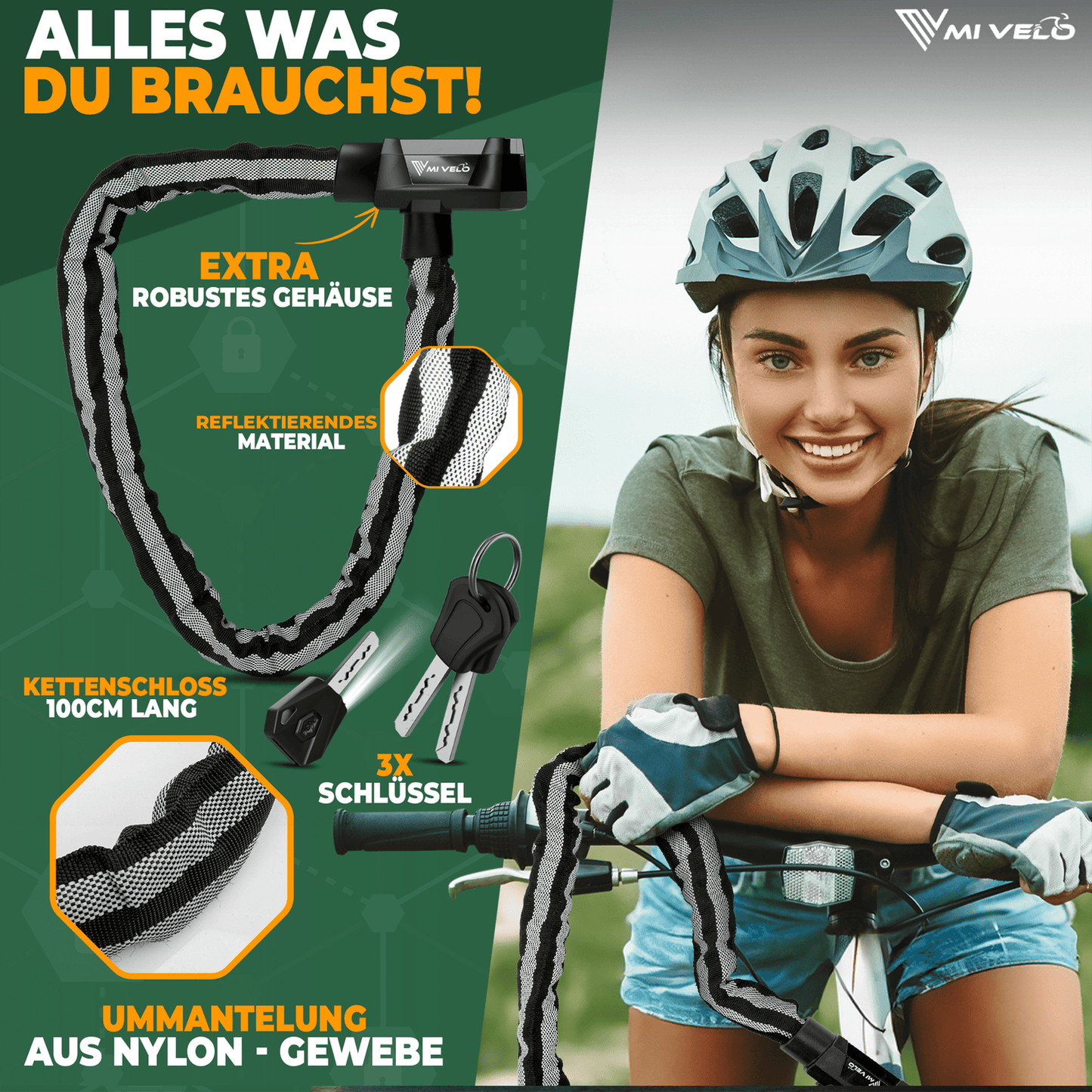 MIVELO Kettenschloss für Fahrräder - Mit Schlüsselschloss und LED - 100 CM - Edelstahl