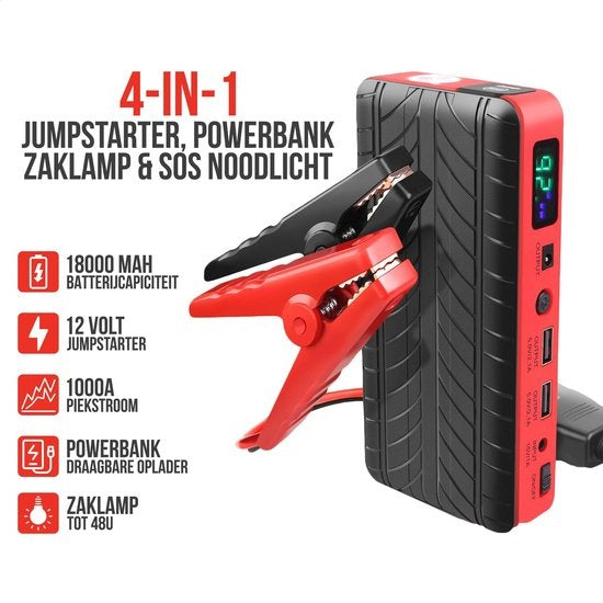 Strex - Starthilfe fürs Auto - 12V - 1000A / 18.000 mAh - 4-in-1 Starthilfe mit Powerbank - LED-Taschenlampe - SOS-Notleuchte - Rot