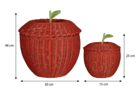 Mica Decorations Aufbewahrungskörbe in Apfelform, 2er-Set – Rot/Grün – Ø 30 x H 48 cm und Ø 15 x H 25 cm – Rattan