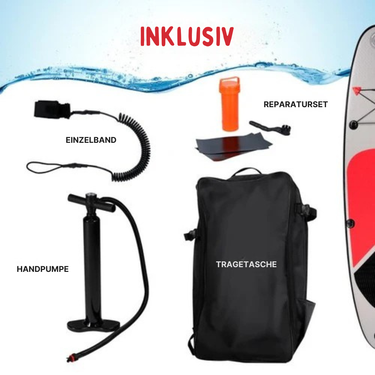 Surfplank - Surfbrett - Aufblasbar - 243x57x7cm - mit Tragetasche - Weiß/ Rot