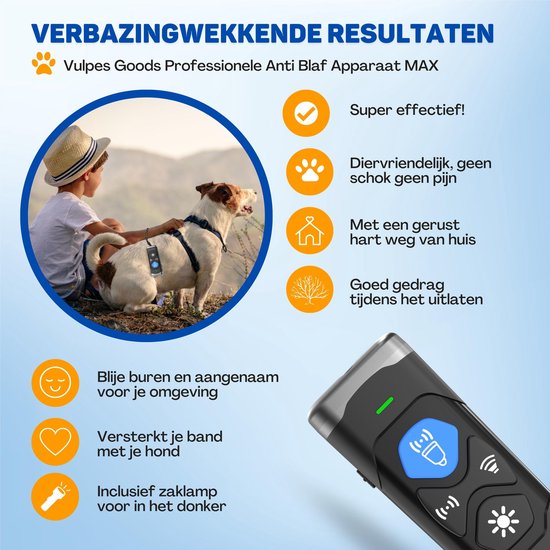 Vulpes Goods® Ultraschall-Anti-Bell-Gerät - 4-in-1 Anti-Bell-Gerät Max - ohne Schock - alternatives Anti-Bell-Halsband - für kleine & große Hunde - Audio - Taschenlampe - Taschenlampe - USB-aufladbar