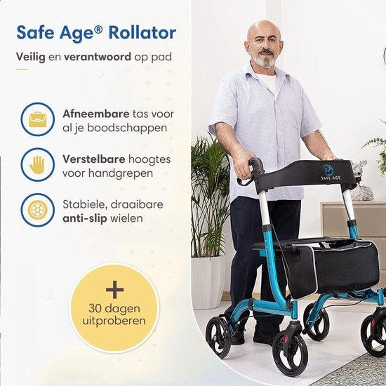 Safe Age - Rollator - leicht und faltbar - Sitzfunktion - für Innen- und Außenbereich - Rückenlehne und Gehstockhalterung
