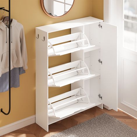 SoBuy Schuhschrank 84 x 24 x 121 cm – Weiß – 3 Klapptüren – 3 Schubladen – Platz für 12 Paar Schuhe