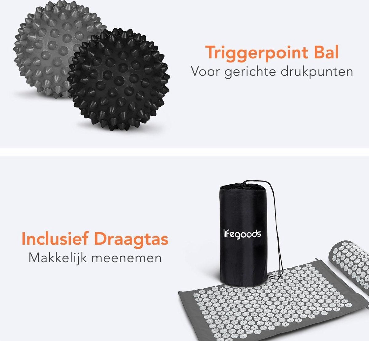 LifeGoods - Akupressurmatte mit Kissen - Shakti Matte - Nagelmatte inkl. 2x Triggerpunkt Ball - 66x40x2cm - Grau/Weiß