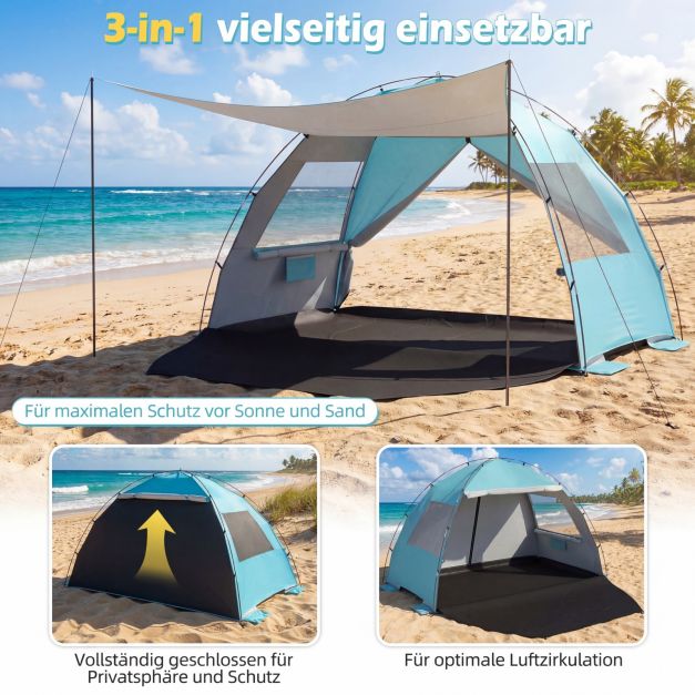 Coast Strandzelt 260 × 150 × 160 cm – Strandzelt mit Markise, UPF 50+ UV-Schutz, Netzfenstern und Tragetasche – Blau