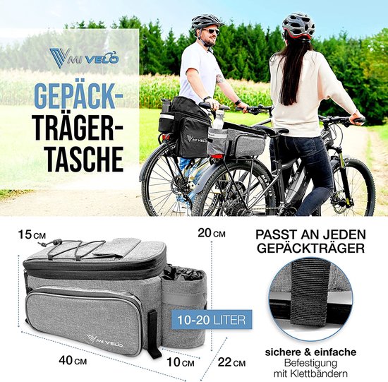 MIVELO Gepäckträgertasche für Fahrrad - bis zu 20 L - Wasserdicht - Grau