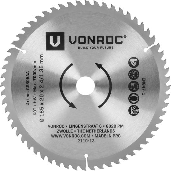 VONROC Kreissägeblatt - 185x20mm - 60 Zähne - Geeignet für Laminat - Universal
