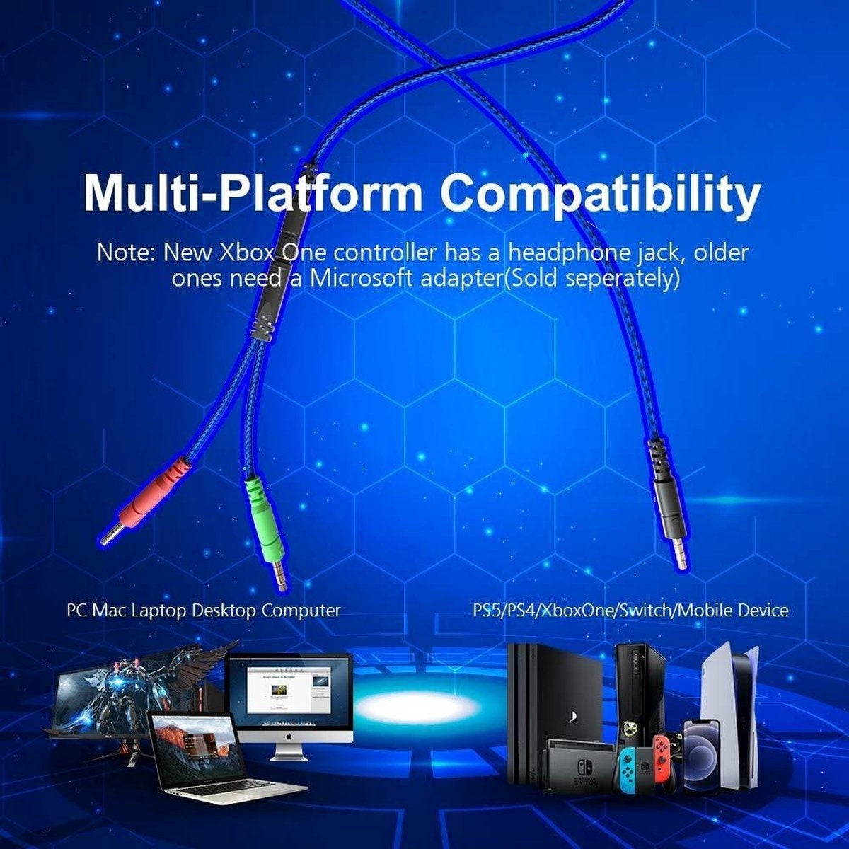 KOTION EACH G2000 Gaming Headset - Schwarz/Blau - Geeignet für PS5, Xbox Series X, Windows & Switch