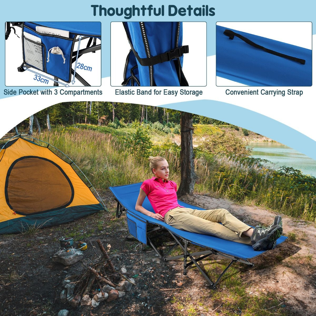Coast Campingbett - mit Seitentasche - faltbar - Reisestuhl - max 272 kg - blau