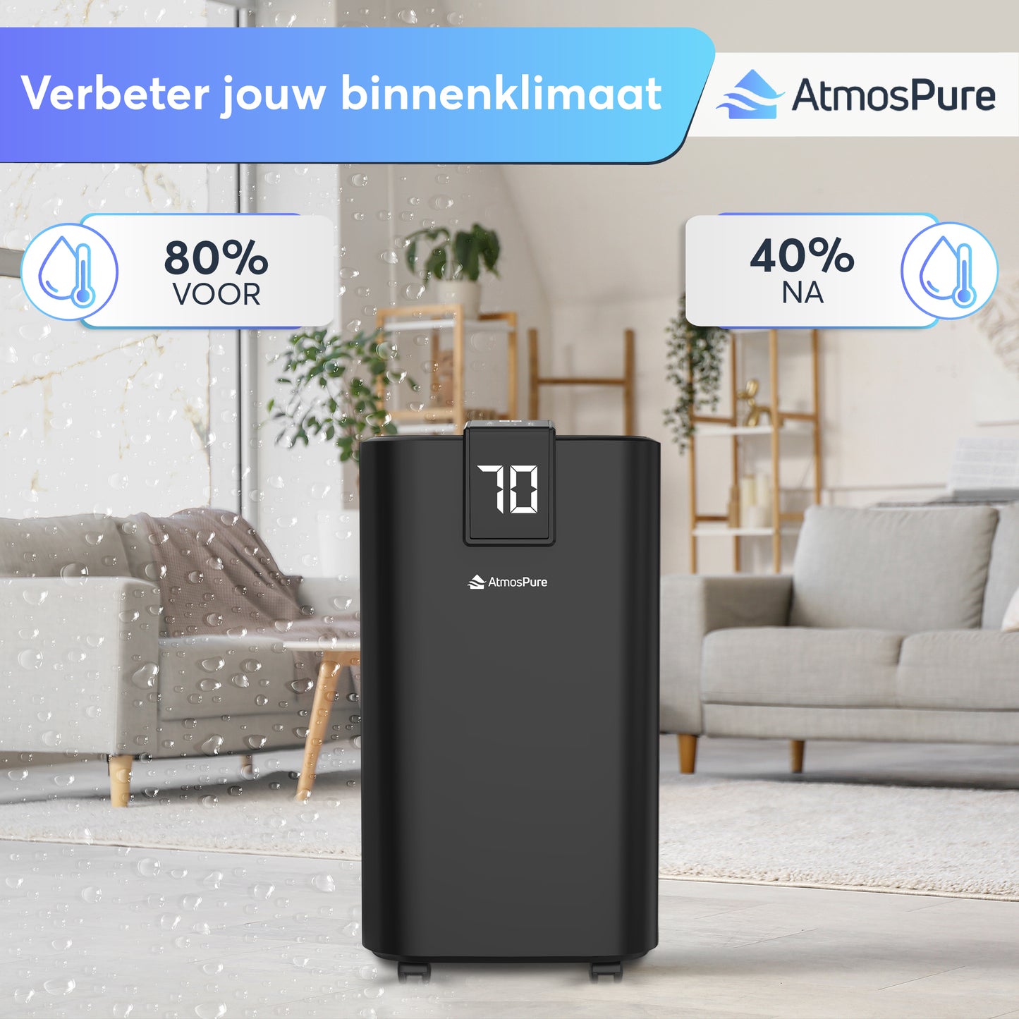 AtmosPure® Luftentfeuchter AirDry Elite - 12 L pro Tag - Waschtrockenfunktion - Für Waschküche, Bad, Wohnzimmer und Keller - Schwarz