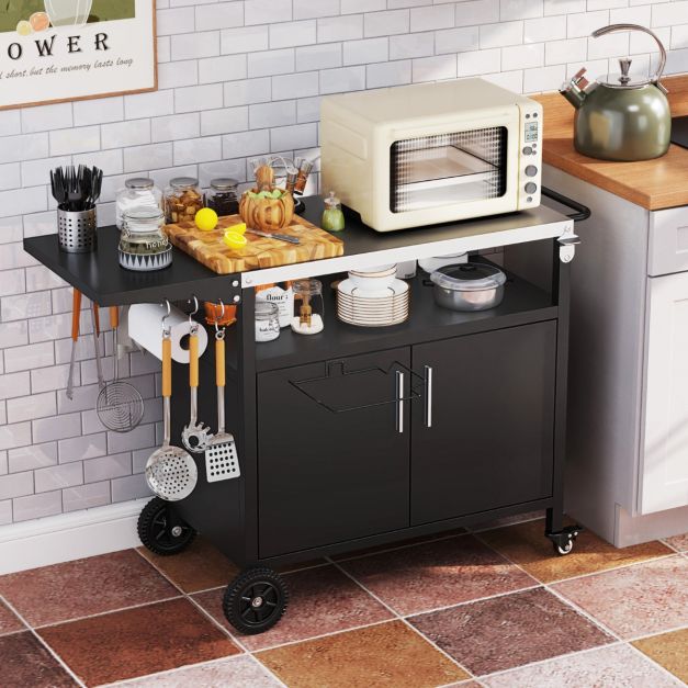 Coast Grillwagen mit Schrank - Edelstahlarbeitsplatte und klappbarer Beistelltisch 127 x 50 x 84 cm - Schwarz/Silber