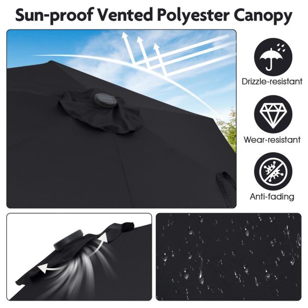 Coast Sunshade - Solarenergie - LED-Beleuchtung - Neigbar bis zu 35° - Kurbelmechanismus - Belüftetes Tuch - 230 cm - Schwarz