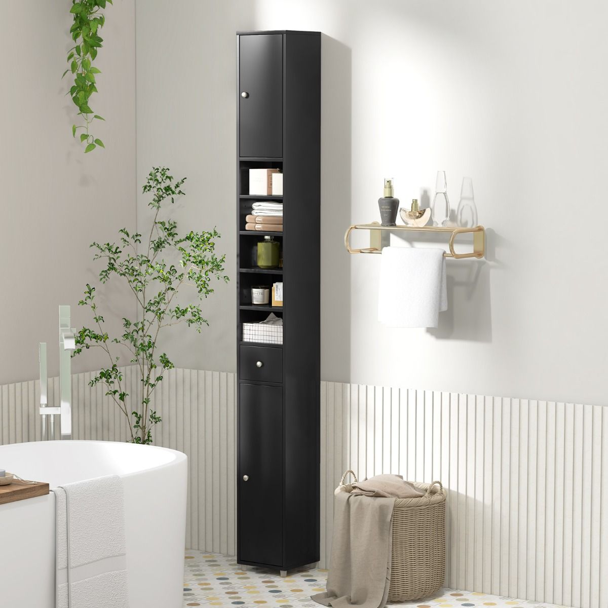 Coast Hoher Badezimmerschrank - 5 verstellbare Einlegeböden - MDF - 20 x 20 x 180 cm - Schwarz