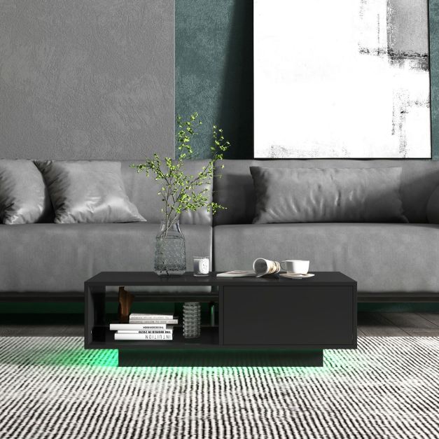 Coast LED-Couchtisch - Mit Fernbedienung & Schublade - 95 x 55 x 31 cm - MDF/Holzwerkstoff - Schwarz