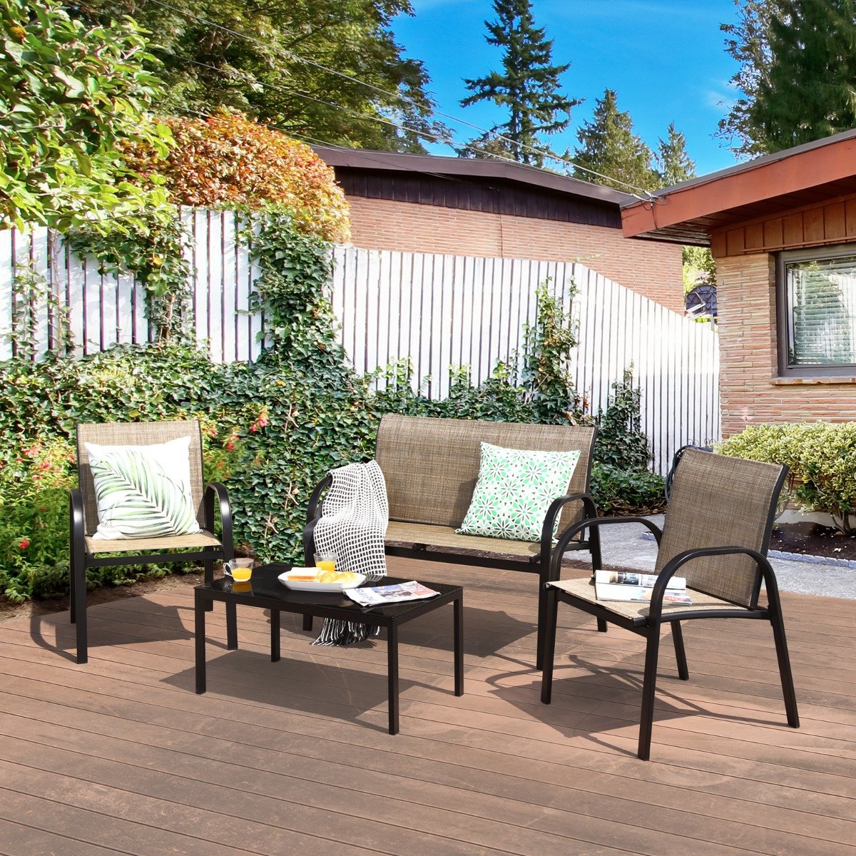 Coast 4-teiliges Gartenmöbelset - Sofa, 2 Stühle und Couchtisch - Braun - Metall/Stoff/gehärtetes Glas