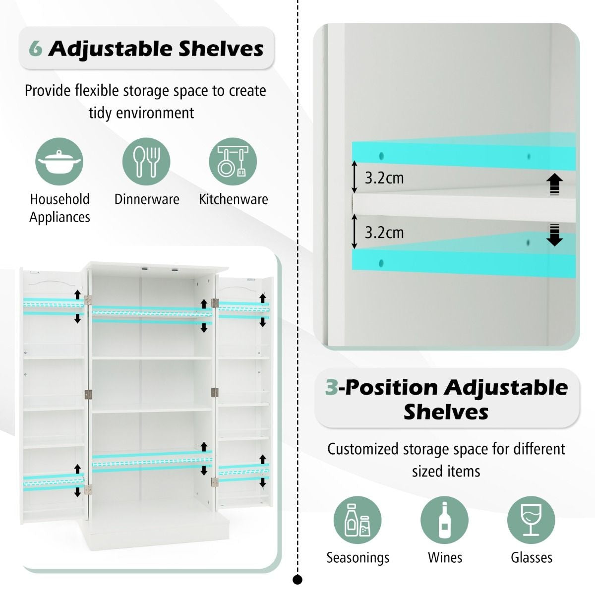 Coast Pantry Küchenschrank - 60 x 40 x 120,5 cm & 17 Einlegeböden - Ausgestattet mit verstellbaren Einlegeböden und Kippschutz - Für Küche, Esszimmer und Wohnzimmer - Weißes Mdf und Metall