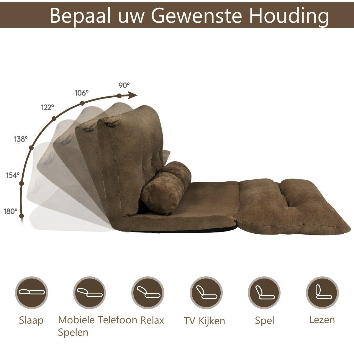 Coast Floor Sofa mit 2 Kissen - klappbar und verstellbar - 108 x 178 x 18 cm - Farbe Kaffee