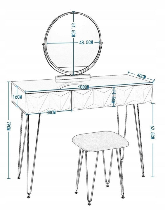 Kochamy Meble Schminktisch mit 3D-Spiegel und Hocker – Weiß – 106 x 79 x 40 cm