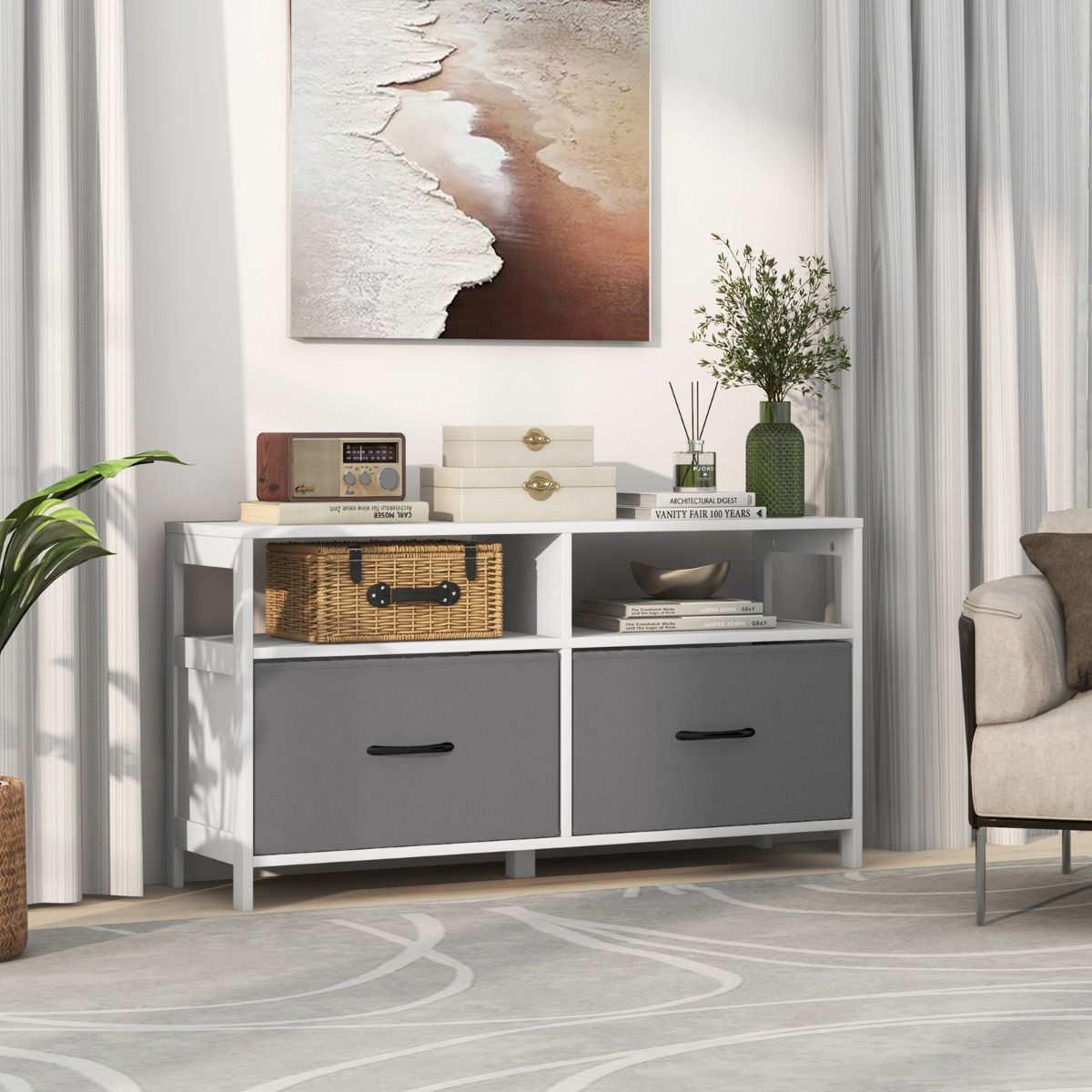 Coast Storage Cabinet - 2 Stoffschubladen und 2 offene Fächer - 100 x 30 x 53 cm - MDF - Weiß