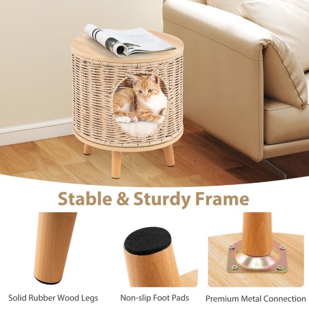 Coast Cat House - Rattan - 36 x 41 cm - Abnehmbares Kissen - Holzbeine - Katzenbett - Katzenmöbel für drinnen - Natur