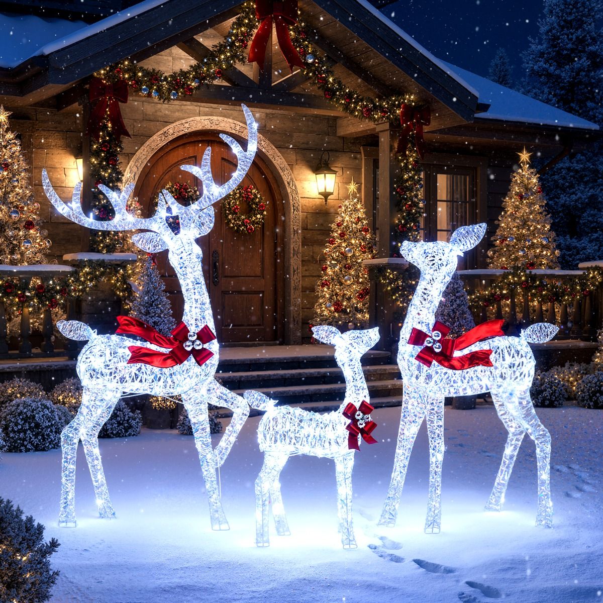 Coast 3-tlg. LED Rentier Familie Weihnachtsdekoration - 215 LEDs kaltweiß - schillernd - roter Akzent - Hirsch 153 cm / Reh 112 cm / Kalb 74 cm