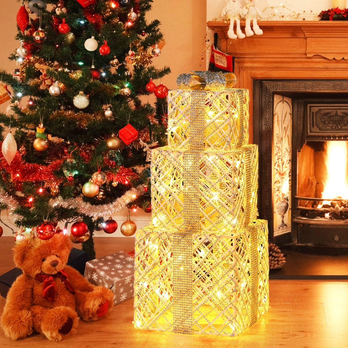 Coast 3-teiliges LED-Geschenkboxen-Set - warmweiß - weiß - 25×25×23 / 20×20×18 / 15×15×13 cm