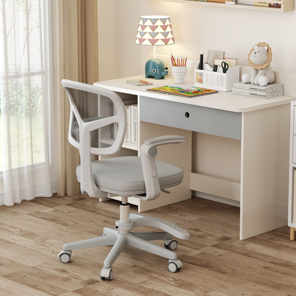 Coast Kinderschreibtischstuhl Ergonomisch verstellbar mit Rädern und Fußstütze - Sitzhöhe 41-52 cm - Grau - 57 x 55 x 80-91 cm