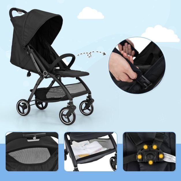 Coast Reisebuggy – Leichter Kinderwagen mit verstellbarer Rückenlehne und Sonnendach – Schwarz/Grau