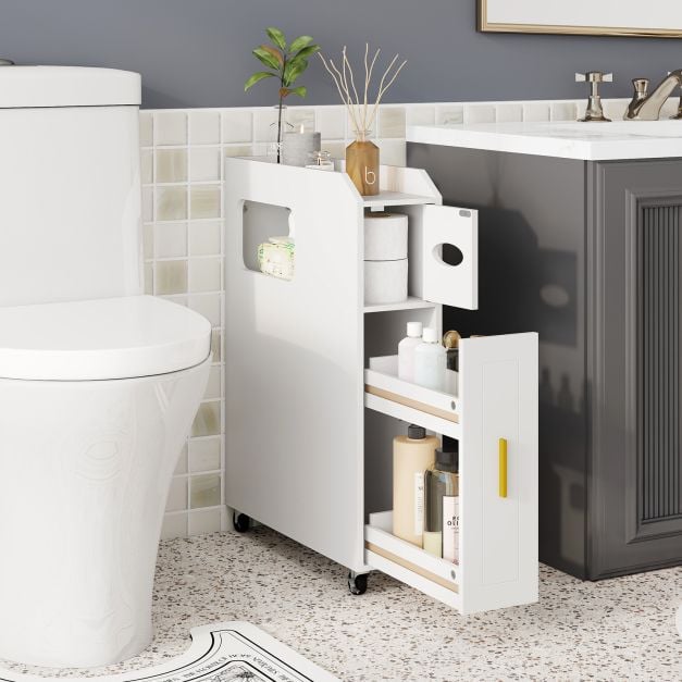 Coast Narrow Bathroom Cabinet - 16 cm Organizer mit Schublade und Tissue Holder - 50 x 16 x 69 cm - Weiß