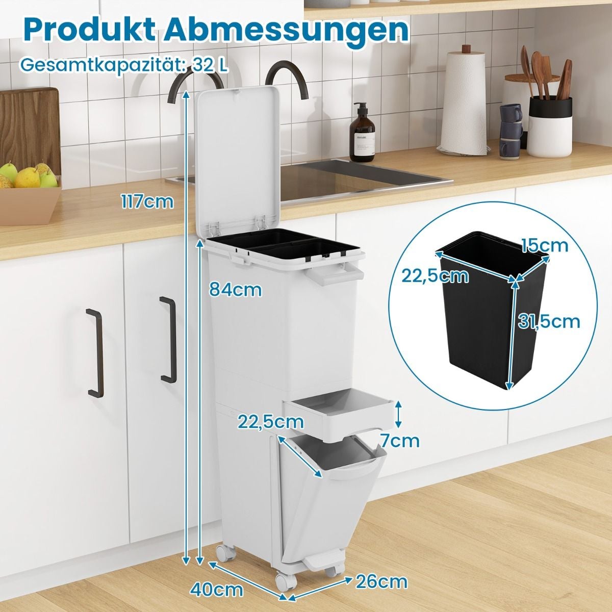 Coast 3-in-1-Abfalleimer Weiß - 36 x 25 x 84 cm - mit kippbarem Fach, Schublade und Rädern