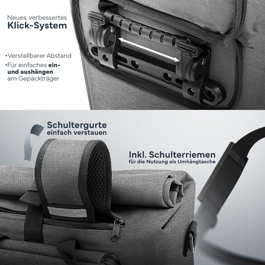 MIVELO 3-in-1 Gepäckträger & Rucksack - Wasserdicht - 25L - Inklusive Laptop-Fach - Full Reflex Gepäckträger - Grau
