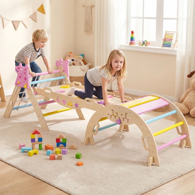 Coast Montessori Kletterset Natur/Macaron - 8-in-1-Kletterdreieck aus Holz mit Bogen und Rutsche - 90 x 38,5 x 13 cm Rampe
