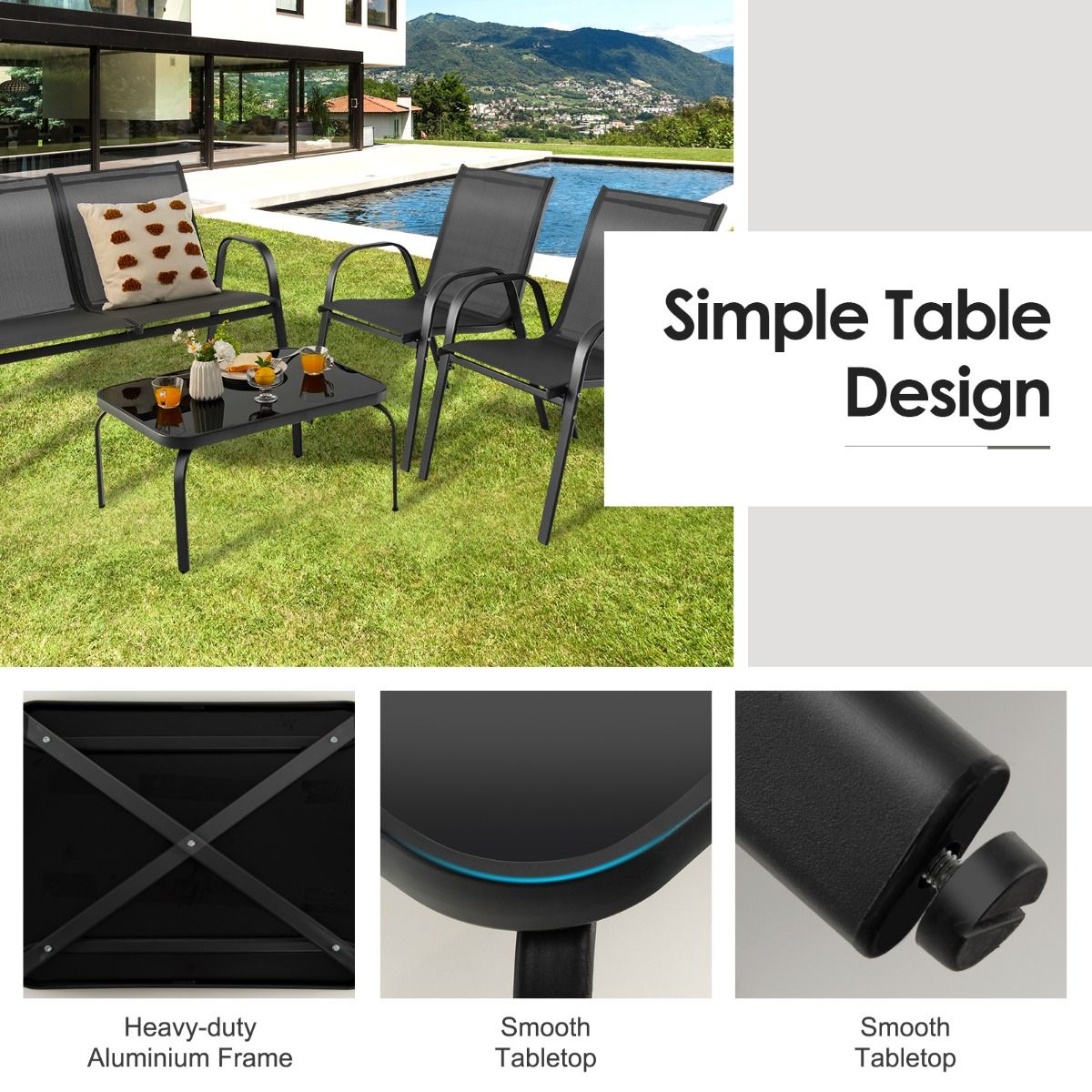 Coast 4-tlg. Gartenmöbelset Schwarz - Balkonset mit Bank, 2 Stühlen und Tisch - 112 x 62 x 83 cm