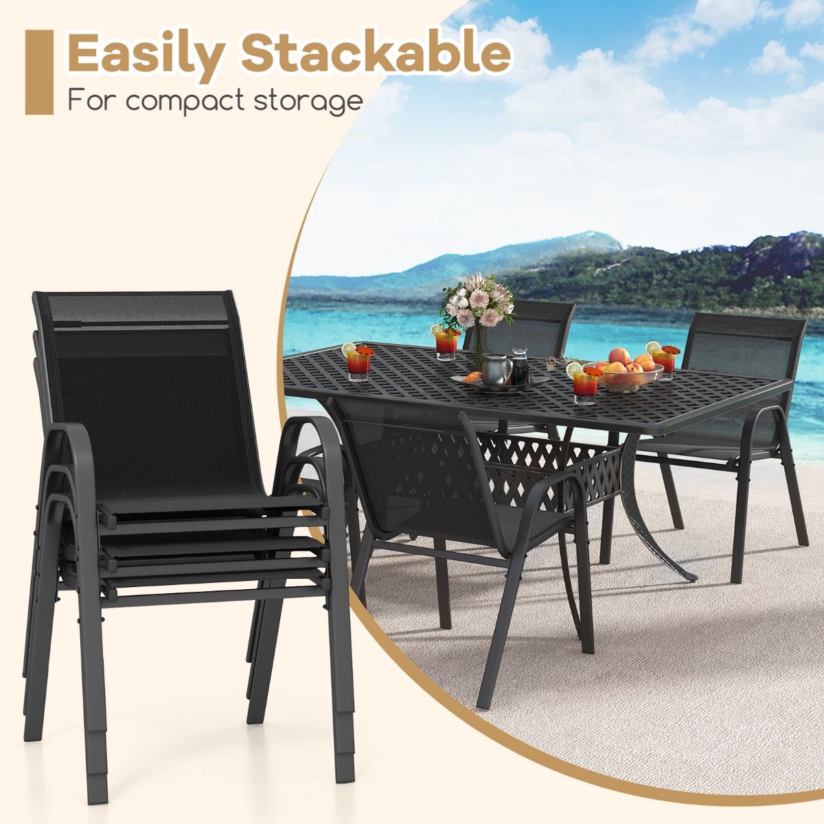 coast 2er Set schwarzer stapelbarer Terrassenstühle mit Armlehnen - 56x70x84 cm - atmungsaktiv & Metallrahmen