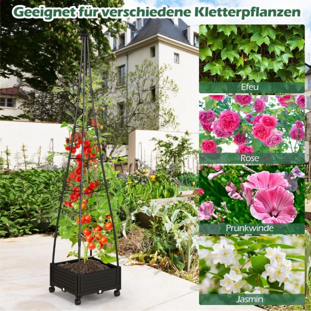 Coast Pflanzenstütze mit Blumenkasten, schwarz – Fahrbarer Gartenobelisk mit Klettergitter und Rädern – 41 x 41 x 206 cm