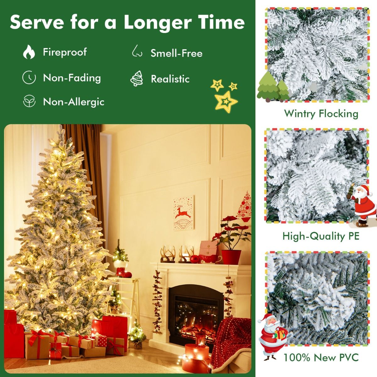 Künstlicher Weihnachtsbaum Coast 210 cm - beflocktes Winterdesign - 1684 Zweigspitzen - 300 warmweiße LED-Lichter - aufklappbar - weiß/grün
