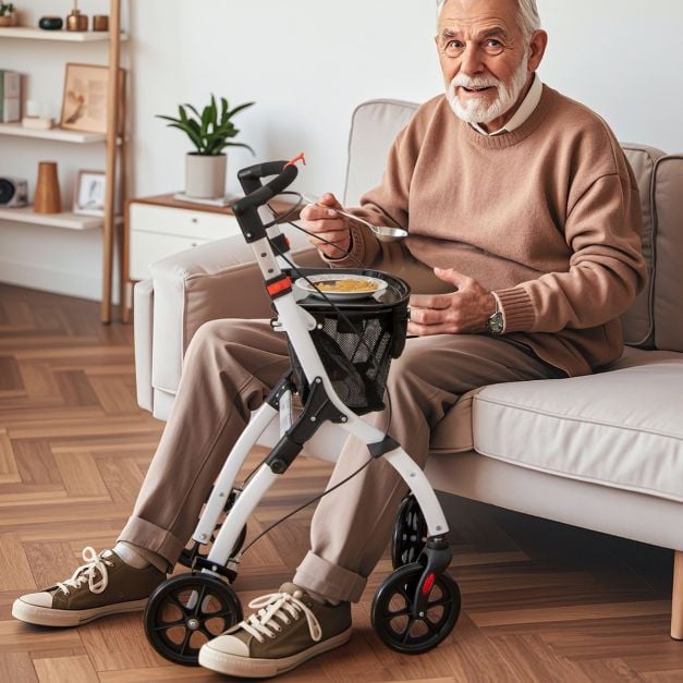Coast Rollator Weiß/Schwarz - Schmaler faltbarer Rollator mit Tablett, Korb und Bremsen - 68 x 53 x 90-103 cm